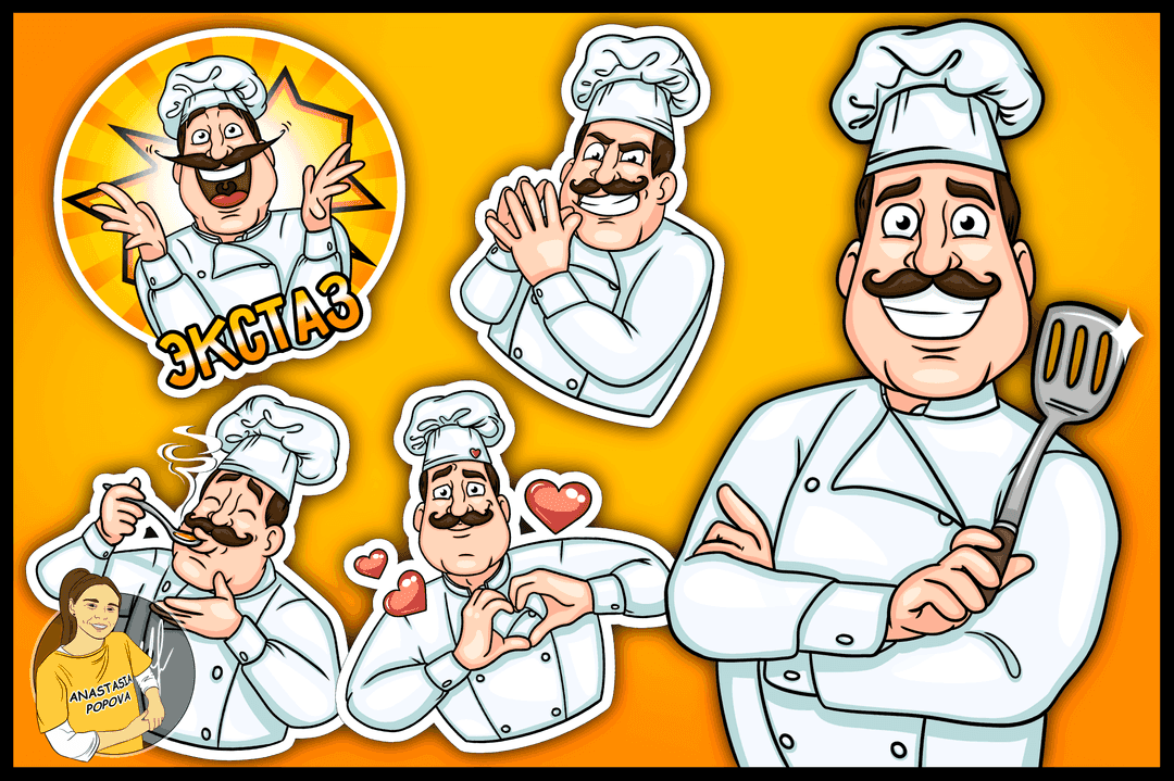 Стикерпак для повара с изображением персонажа в кулинарной форме.